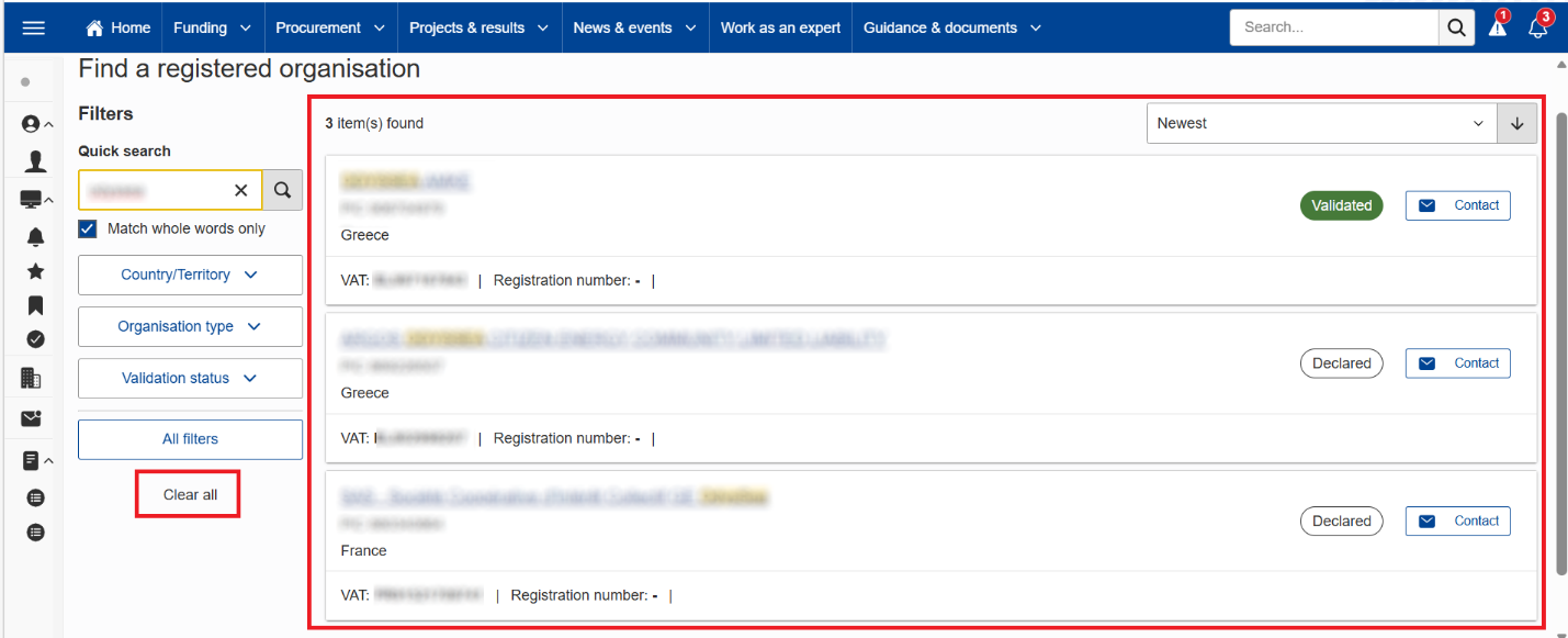 PIC arama filtreleri ve örnek sonuçlar. Kaynak: Participant Register User Guide, 07.08.2026, s.9; kılavuzdaki maskeleme korunmuştur.