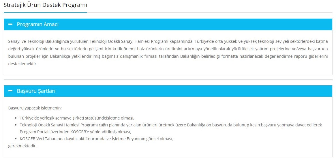 KOSGEB Stratejik Ürün Destek Programı sayfası.