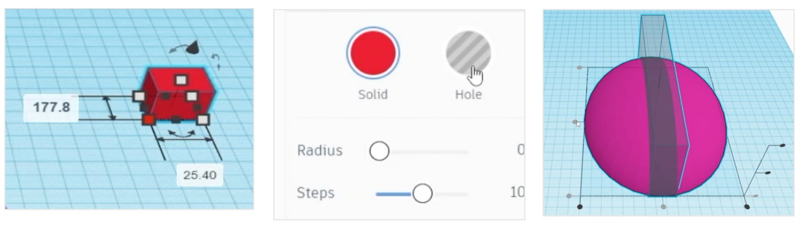 Tinkercad resmî Autodesk eğitim dokümanından: basit kutu boyutlandırma, Solid/Hole ve hizalama örnekleri (üç ayrı ekran kesiti). Kaynak: Autodesk Tinkercad.