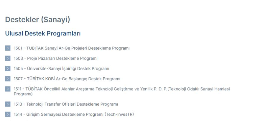 TÜBİTAK destekler sayfasındaki sanayi destek programlarının görünümü.